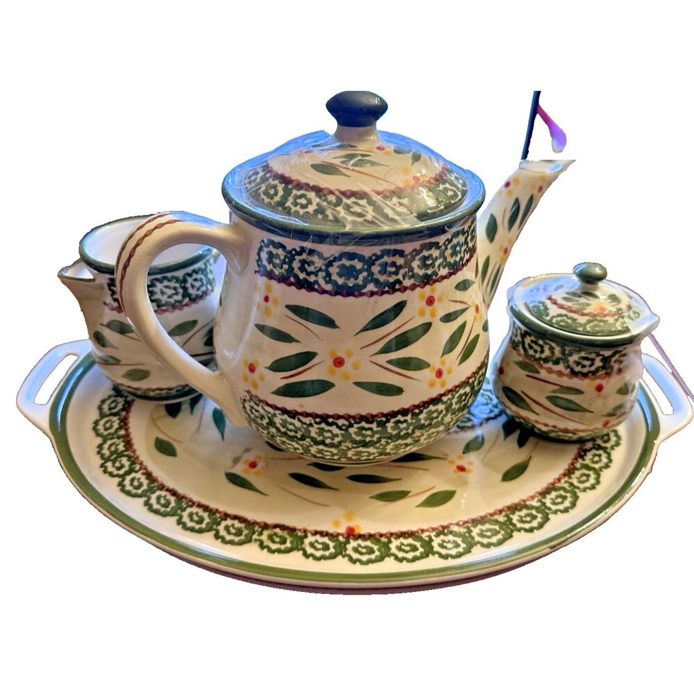 VTG Temptations by Tara Old World Green Tea Set Tray Teapot Creamer Sugar